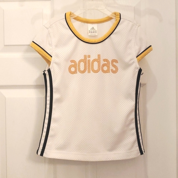 Adidas Girl's Medium 10/12 Cute Cap Sleeve Jersey Top White with Yellow & Navy - Picture 1 of 2